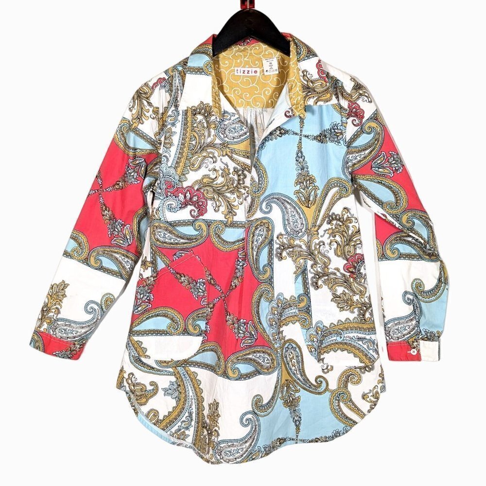 Tizzie Brocade Print Waxed Cotton Longline Shirt Sz XS-S Boho Casual Button Top
